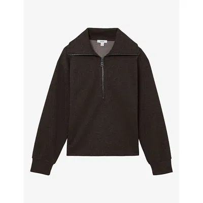Reiss Womens Mina Herringbone Half-zip Wool-blend Sweatshirt Dark Brown
