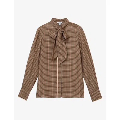 Reiss Womens Minnie Check Tie-neck Woven Blouse Neutral In Brown
