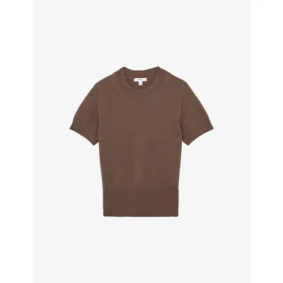 Reiss Womens Mocha Brown Anita Short-sleeve Cotton And Wool-blend Top