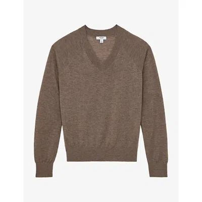 Reiss Womens Mocha Brown Paris V-neck Wool Jumper