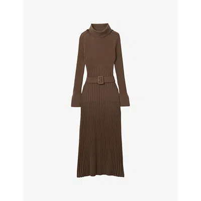 Reiss Womens Vinette Funnel-neck Slim-fit Ribbed Stretch-knit Midi Dress Mocha
