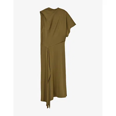Reiss Womens Naomi Draped One-shoulder Satin Midi Dress Khaki Green