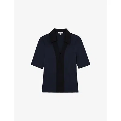 Reiss Womens Navy Black Denny Colour-block Stretch-knit Polo