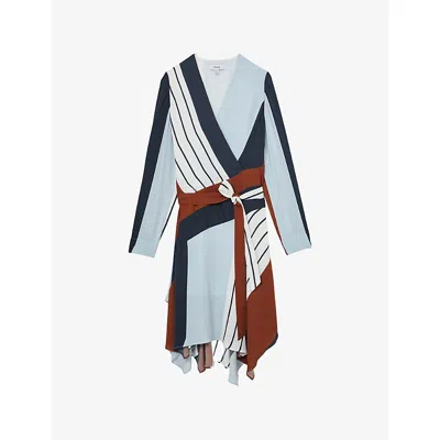 Reiss Womens  Stripe-print Wrap-front Woven Mini Dress In Navy Brown