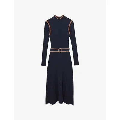 REISS WOMENS NAVY CAMEL ELLA COLOUR-BLOCK STRETCH-KNIT MIDI DRESS