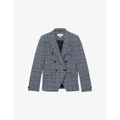 Reiss Womens  Larissa Double-breasted Checked Cotton And Linen-blend Blazer In Blue