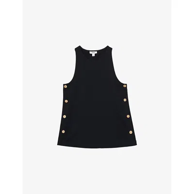 Reiss Womens Navy Cosmo Round-neck Side-button Cotton-blend Top