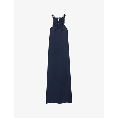 Reiss Womens  Cut-out Embroidered Satin Slip Midi Dress