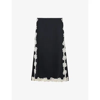 Reiss Womens Navy Doa Floral-lace Satin Midi Skirt In Blue