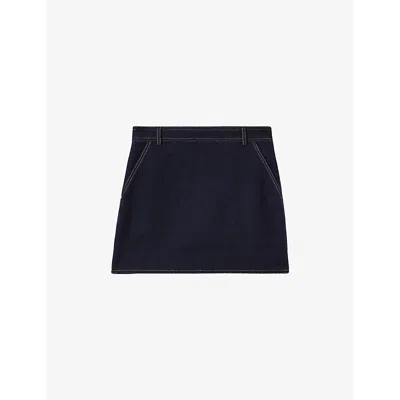 REISS WOMENS NAVY ELISE CONTRAST-TOPSTITCH WOOL-BLEND MINI SKIRT