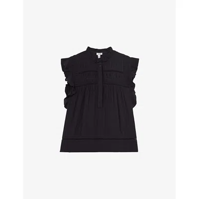 Reiss Womens Navy Florie Ruffle-neck Cheesecloth Cotton Top In Blue