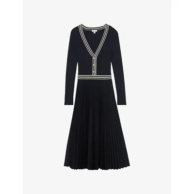 Reiss Womens Navy Gaia Pleated Knitted Midi Dress Xs In Blue