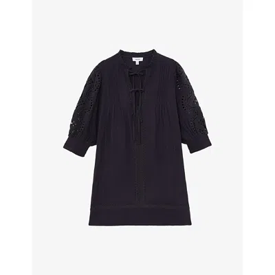 Reiss Womens Navy Gia Cheesecloth Tie-neck Cotton Mini Dress In Blue
