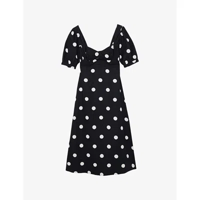 Reiss Womens Navy Ivory Astrid Puff-sleeve Polka-dot Linen Midi Dress In Black