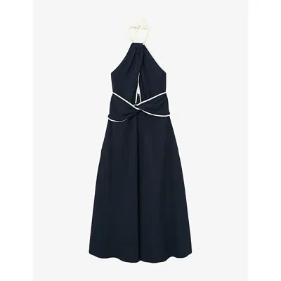 Reiss Womens Navy Ivory Blair Halterneck Stretch-woven Midi Dress In Black