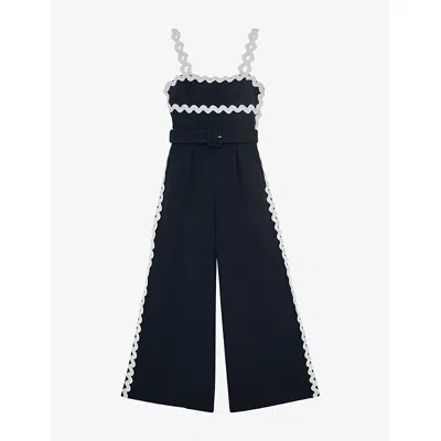 Reiss Womens Navy Ivory Dash Waved-trim Woven Jumpsuit In Black