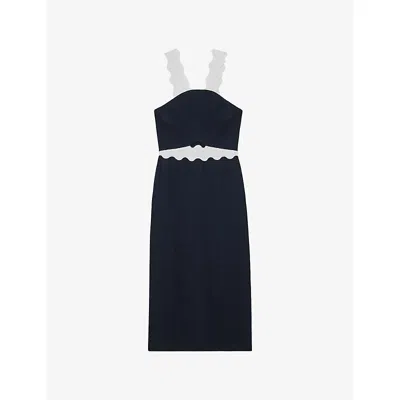 Reiss Womens Navy Ivory Dillon Contrast-strap Woven Midi Dress In Black