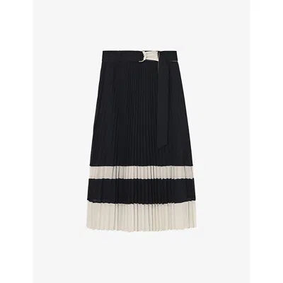 Reiss Womens Navy Ivory Goldie Pleated Woven Midi Skirt In Multi