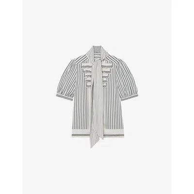 Reiss Womens Ischia Ruffle-neck Striped Woven Blouse Navy Ivory In Multi