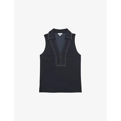 Reiss Womens Navy Ivory Maisie Collared Sleeveless Woven Top In Blue
