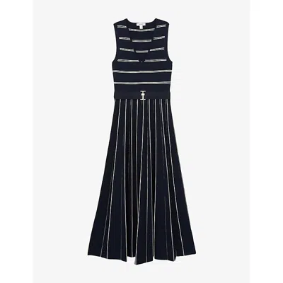 Reiss Womens Navy Ivory Mallory V-neck Striped Stretch-knit Midi Dress Xs In Multi