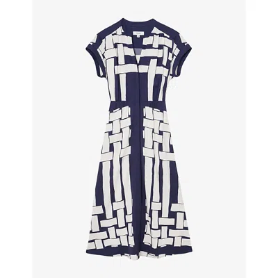 Reiss Womens Navy Ivory Samira Scarf-print Belted Woven Midi Dress In Multi