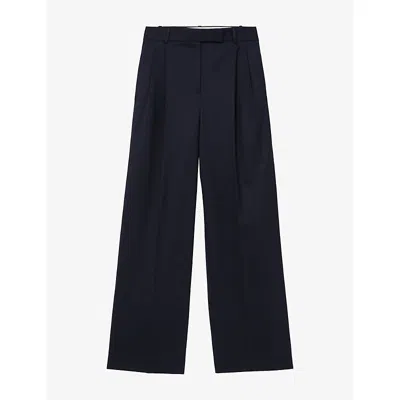 Reiss Womens Navy Luna Wide-leg High-rise Wool-blend Trousers In Blue