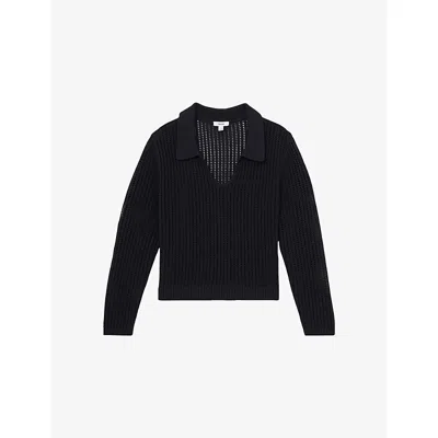 Reiss Womens Navy Matilda Open-collar Cotton-blend Knitted Jumper In Blue