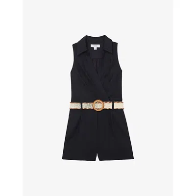 Reiss Womens Navy Mila Belted Linen Playsuit In Blue