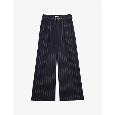 Reiss Womens Navy Rae Pinstriped Wide-leg Stretch-woven Trousers In Blue