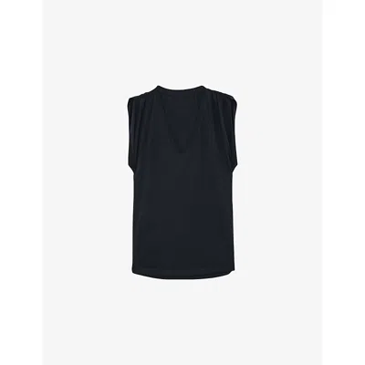 Reiss Womens Navy Renee V-neck Gathered-detail Cotton T-shirt In Black