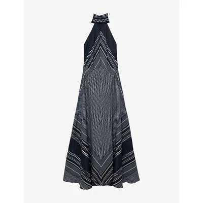 Reiss Womens Navy Skylar Scarf-print Woven Maxi Dress In Black