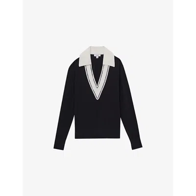 Reiss Womens  Nina Collared Wool Cricket Jumper In Navy/white