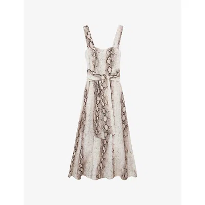 Reiss Womens Neutral Amy Snake-print Linen-blend Midi Dress