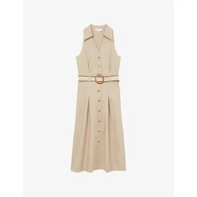 Reiss Womens Annie Belted Sleeveless Linen Midi Dress Neutral