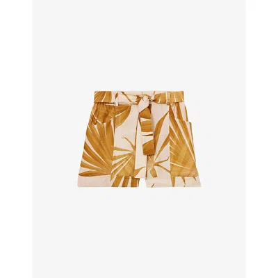 Reiss Womens Neutral Avril Palm-print Belted-waist Woven Shorts