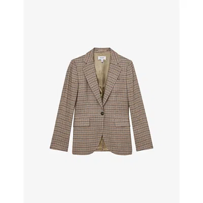 REISS WOMENS NEUTRAL CHECK CHECKED SINGLE-BREASTED WOVEN BLAZER