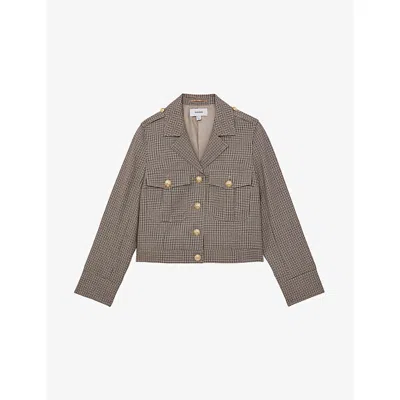 REISS WOMENS NEUTRAL CHECK JAQUE CHECKED CROPPED WOOL JACKET