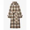 Reiss Womens Neutral Check Piper Funnel-neck Belted-waist Check Wool-blend Coat In Neutral Check