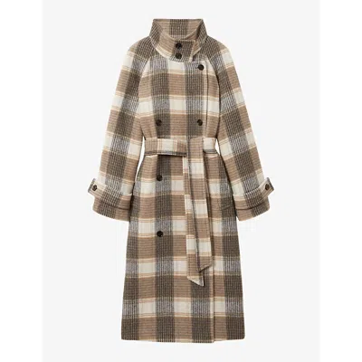 Reiss Womens Neutral Check Piper Funnel-neck Belted-waist Check Wool-blend Coat
