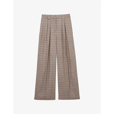 Reiss Womens  River Wide-leg Checked Stretch-woven Trousers In Neutral