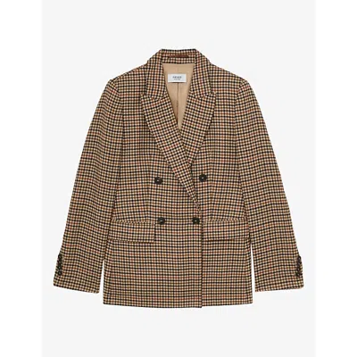 Reiss Womens Neutral Check Willow Houndstooth Double-breasted Wool Blazer In Brown