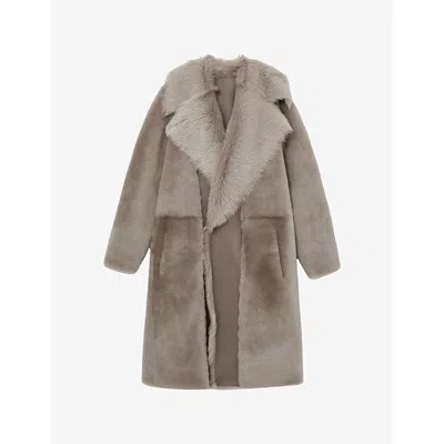 Reiss Womens Neutral Elia Notched-collar Leather And Shearling Coat