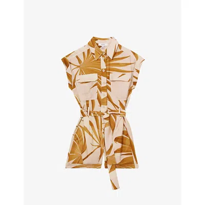 REISS WOMENS HARRI PALM-PRINT WOVEN PLAYSUIT NEUTRAL