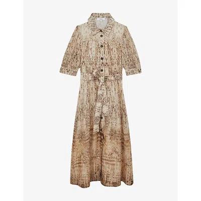 Reiss Womens Neutral Malika Animal-print Woven Midi Dress In Brown