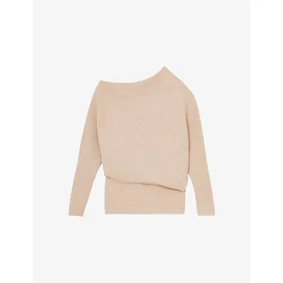 Reiss Womens Lorna Draped-neck Asymmetric Stretch-knit Jumper Oatmeal Neutral In Brown
