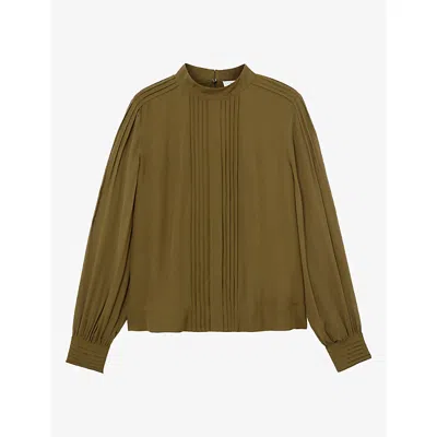 Reiss Womens Ottilie Pintuck-detail Woven Blouse Khaki Green