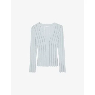 Reiss Womens Pale Blue Loui Open-stitch V-neck Knitted Jumper