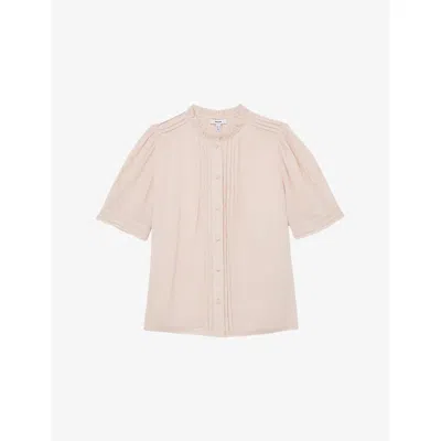 Reiss Womens Pale Pink Aurelia Frill-neck Cotton-muslin Top