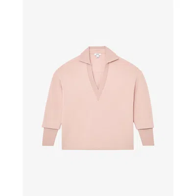 Reiss Womens Pale Pink Bernie Open-collar Relaxed-fit Stretch-woven Jumper Xs